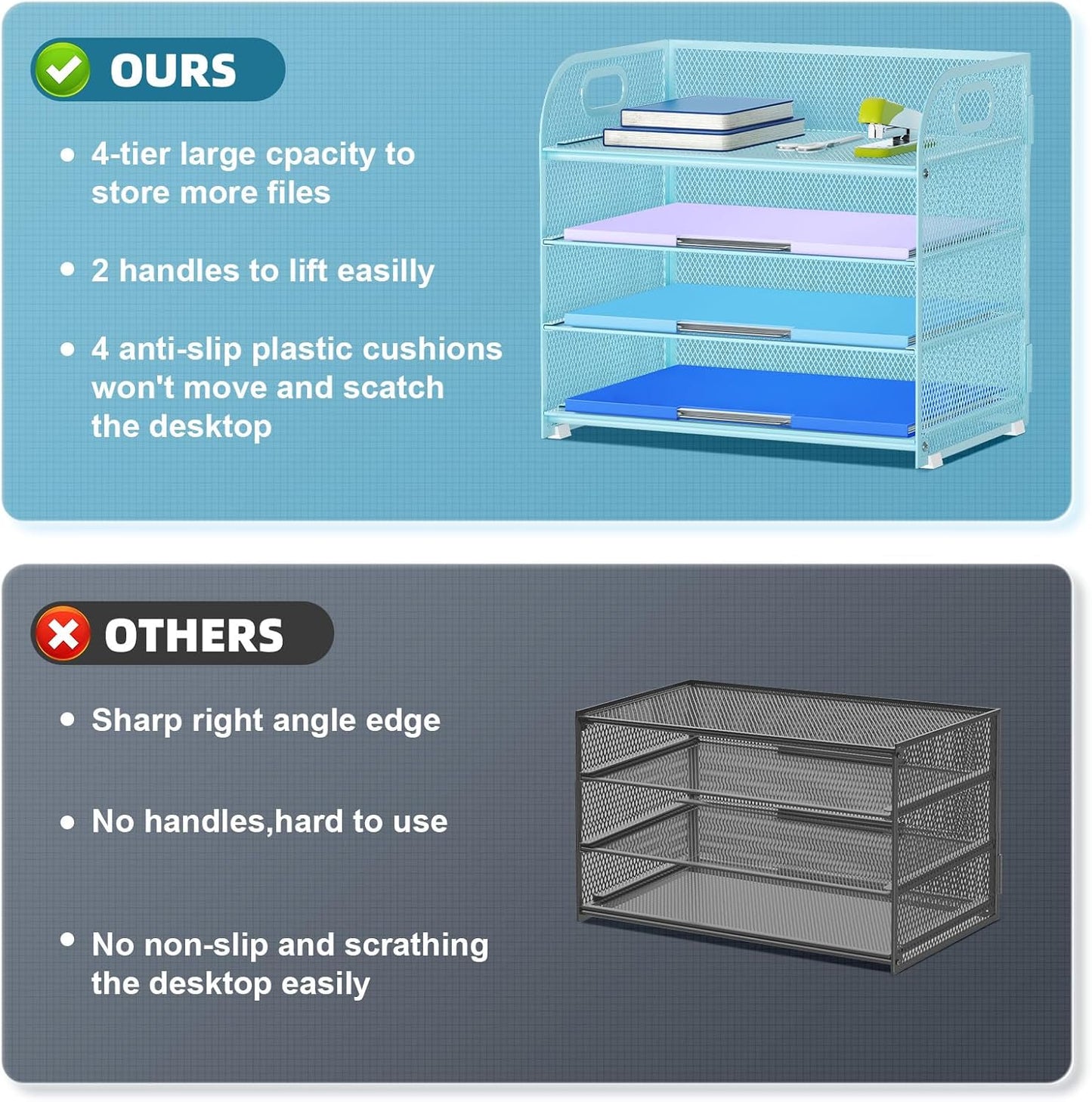 Marbrasse 4 Tier Paper Organizer Letter Tray - Mesh Desk File Organizer with Handle, Paper Sorter Organizer for Letter/A4 Office File Folder Holder (Black, 12.6" x 9.1" x 10.7")