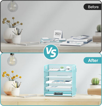 Supeasy 5 Trays Paper Organizer Letter Tray with Handle-Mesh Desk File Holders, Paper Sorter Desk Organizer for Office, Home, Classroom or School, White