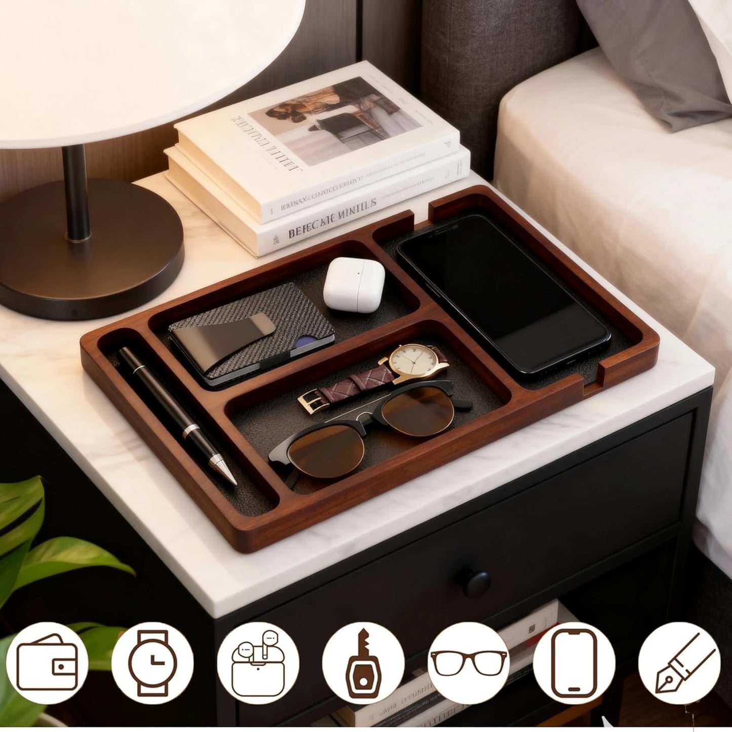 Wooden Valet Tray with Leather Inlay - Key and Wallet Tray, Wooden Jewelry Tray - Nightstand Desk Organizer for EDC Essentials (Keys, Phone, Wallet, Watch, Earbuds) (wood)