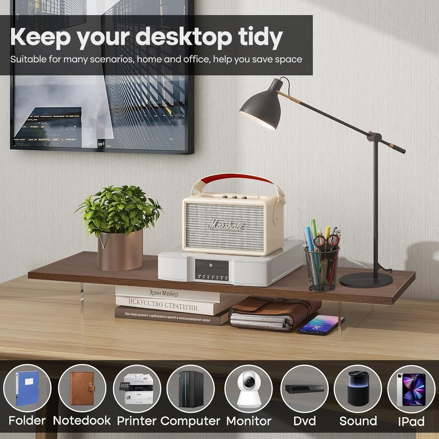 Monitor Stand Riser,Wood & Acrylic Computer Monitor Stand with LED Light,Desk Accessories Desktop Organizer Stand for Computer,Laptop,Printer,PC & TV Screen Riser