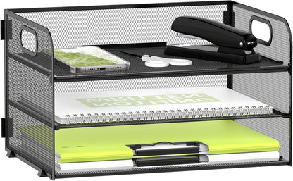 DALTACK 3 Tier Paper Organizer with Handle, Mesh Metal Desk Organizer with Sliding Paper Trays for Letter/A4 Paper, Mail, Bills & Folders, Black