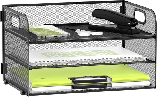 DALTACK 3 Tier Paper Organizer with Handle, Mesh Metal Desk Organizer with Sliding Paper Trays for Letter/A4 Paper, Mail, Bills & Folders, Black