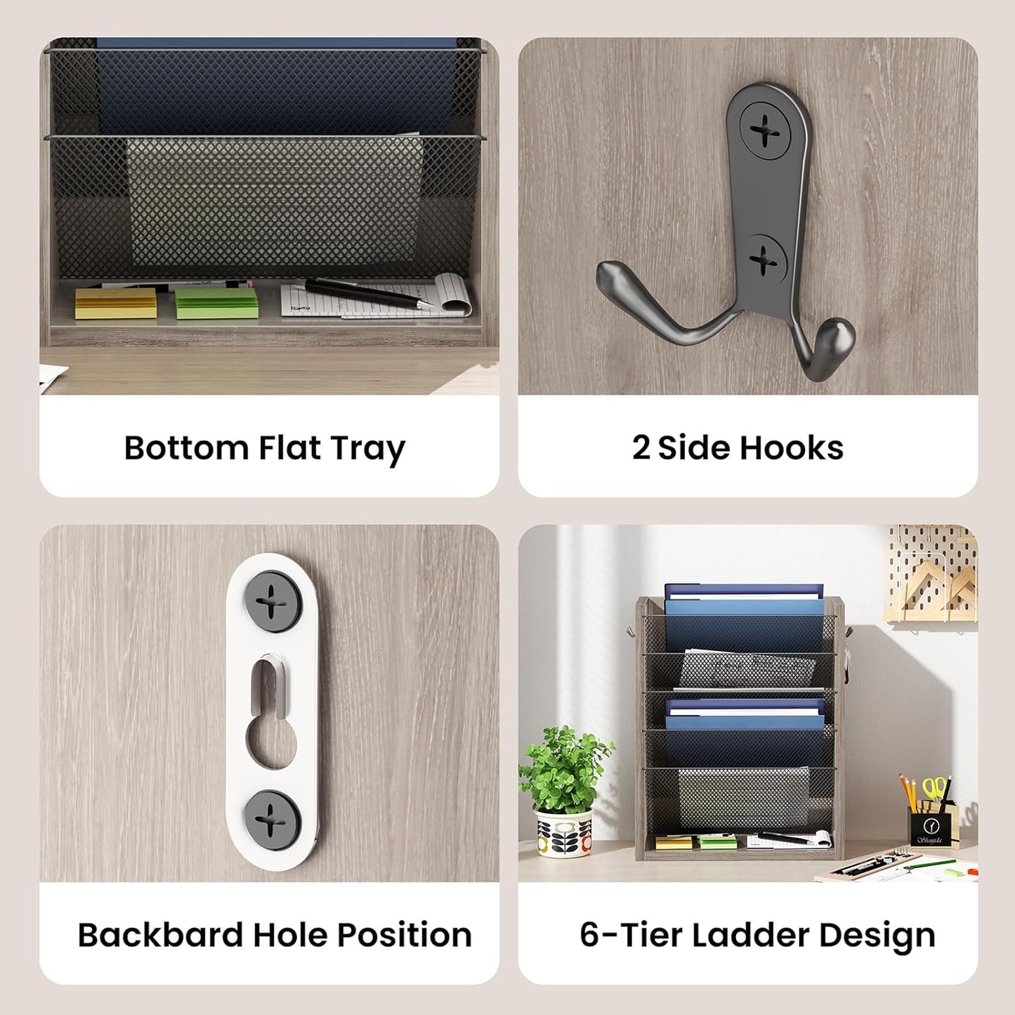 Creso hom Mail Organizer Wall Mounted, 6-Tier Wall File Organizer with 2 Hooks, Wooden Desk Organizer Magazine Holder with Bottom Flat Tray, for Office Home, Rustic Brown