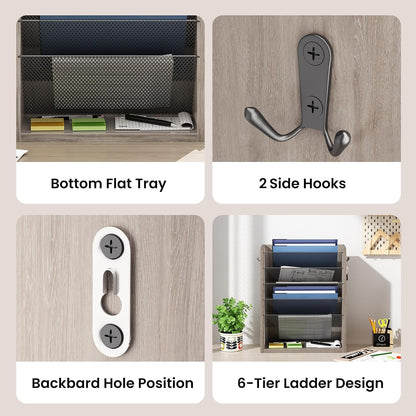 Creso hom Mail Organizer Wall Mounted, 6-Tier Wall File Organizer with 2 Hooks, Wooden Desk Organizer Magazine Holder with Bottom Flat Tray, for Office Home, Rustic Brown