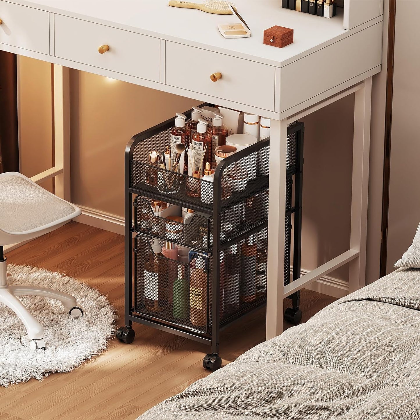 Hongtamoya Rolling Makeup Cart Organizer with 2 Drawers, Narrow Floor Skincare Organizers, Vanity Organizer Cosmetics Display Cases Holder for Skin Care Nail Polish Perfume Makeup Brush, White