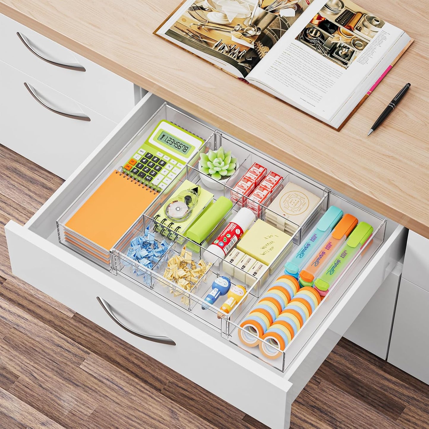 Marbrasse Expandable Desk Drawer Organizer, Clear Plastic Drawer Organizer Tray with 10 Adjustable Compartments, Desk Organizers and Accessories, 5 Drawer Dividers for Office Supplies, Makeup(Black)