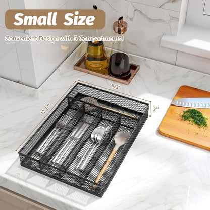 Sedegn Silverware Organizer Metal Mesh, Small Drawer Organizer, Utensil Cutlery Tray for kitchen drawers, Flatware Organizer with 5 Compartment, Black(9.3"*12.6")