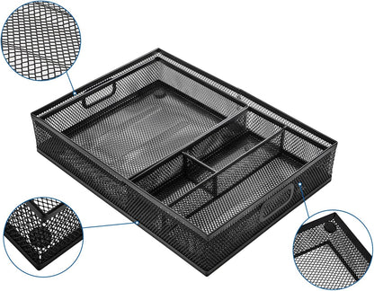 Noamus 3 Pack Office Drawer Organizer, Desk Drawer Divider Tray, Metal Mesh Desktop Basket, 6 Compartments Pen Storage Box for Makeup, Stationery, Office Supplies & Accessories, Kitchen(Black,3 Size)