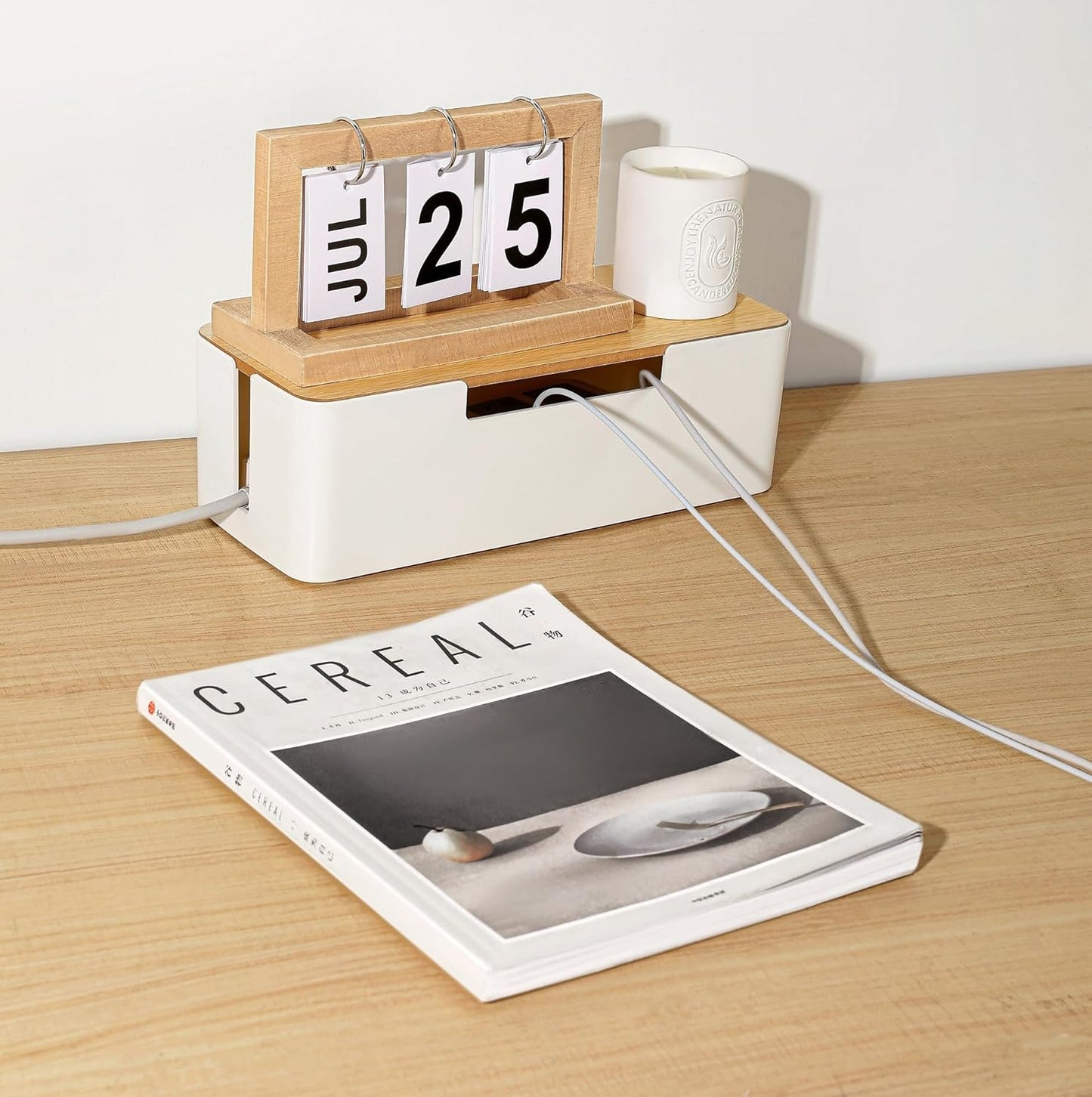 ABS Cord Organizer Box with Wooden Lid, Cable Management Box for Power Strips or Surge Protectors, Desk Cable Tidy Box for Office Home(White)