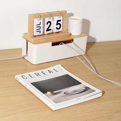 ABS Cord Organizer Box with Wooden Lid, Cable Management Box for Power Strips or Surge Protectors, Desk Cable Tidy Box for Office Home(White)
