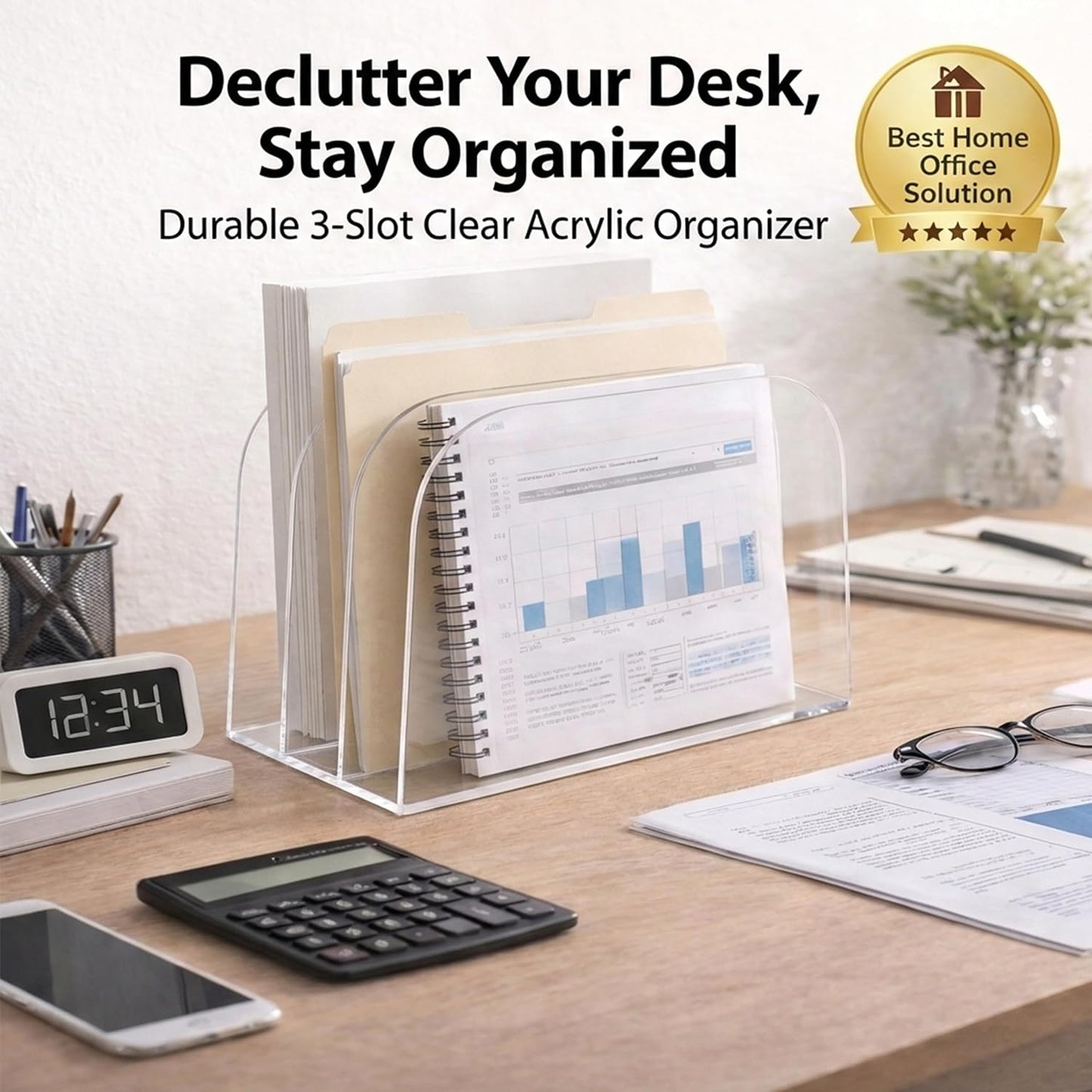 Acrylic File Organizer for Desk, German-Standard Cast PMMA, Polished Edges, Heat-Bent Design—Clear & Stable for Long-Term Use: Home Office, Students, Family Files, Mail & Makeup