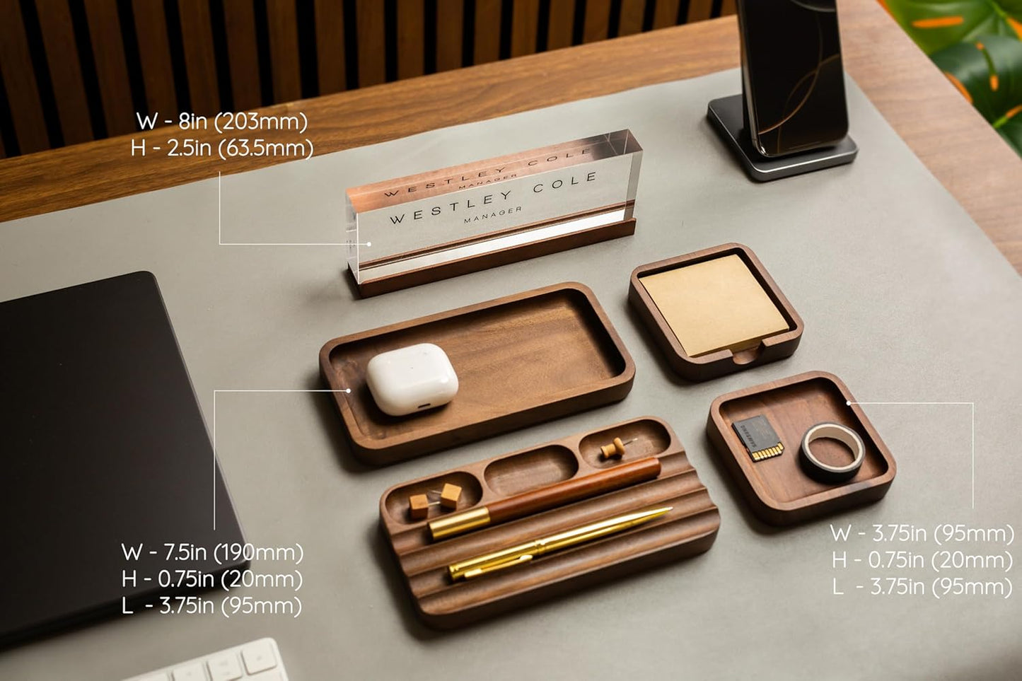 MUUJEE Wooden Desk Tray Organizer - 7.5 x 3.75 for Work Teacher Dad Wood Tray Work Minimalist Rustic