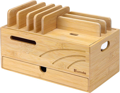 Homde Natural Bamboo Charging Station Rack for Multiple Devices Cable Cord Management Box Organizer Holder with 6 Slots Drawer for Chargers Phones Tablets Watches Electronics (Natural)