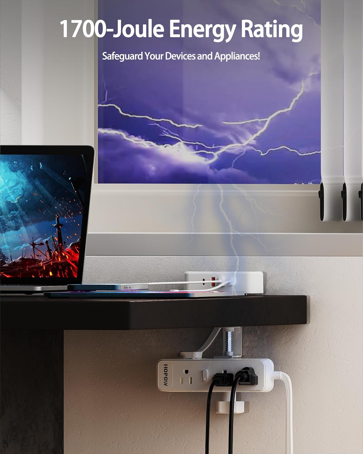 HOPOW Dual Layer Desk Clamp Power Strip, Desktop Edge Mount Charging Station with 13 Outlets 4 USB Ports (2 USB C), Under Desk Surge Protector(1700 Joules), 10 Ft Extension Cord for Office Home