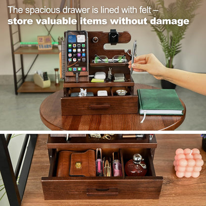 TESLYAR Wood Phone Docking Station with Drawer - Nightstand Organizer - Desk Organizer for Husband - Birthday Gifts for Men, Dad, Anniversary Idea, Key Holder Stand Watch & Accessories (Antique Brown)