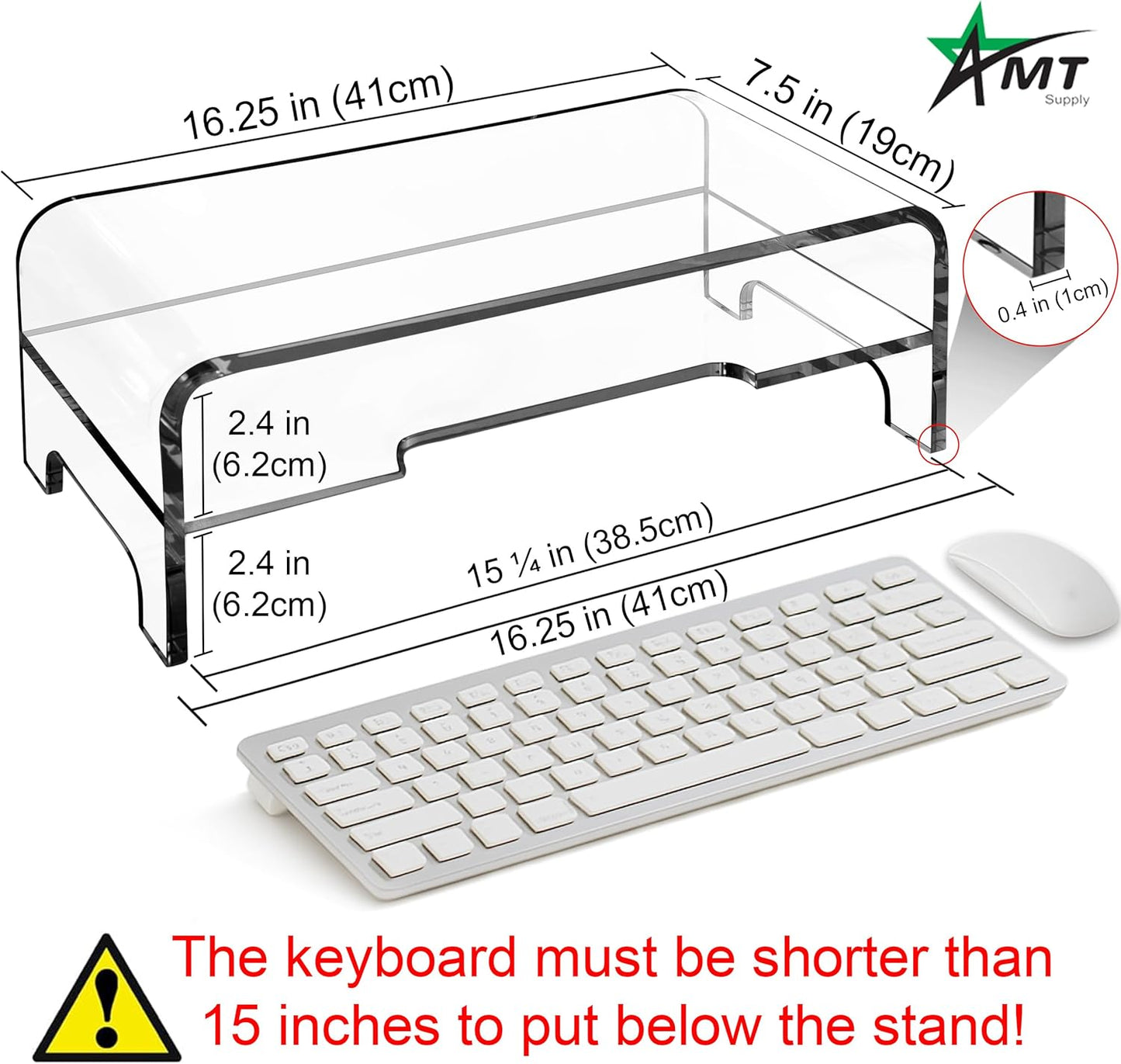 AMT Acrylic Laptop Monitor Stand & Computer Riser with Cat Keyboard Protector, Space-Saving Design, Extra Storage, Clear Shelf - Ideal for Monitors, Laptops, Printers, Desktop Decor