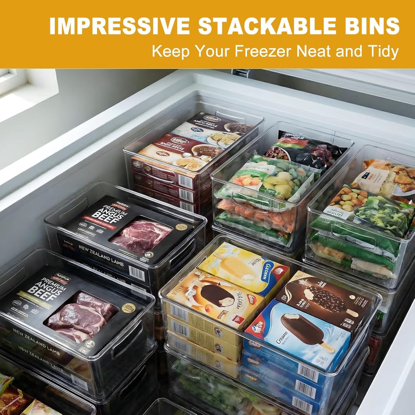 Hudgan 8 Pack Pantry Organizer and Storage, 2 Extra Large Stackable Freezer Organizer Bin, 3 Large Clear Storage Bin and 3 Medium Plastic Container for Home Edit, Kitchen Cabinet, Bathroom Shelf