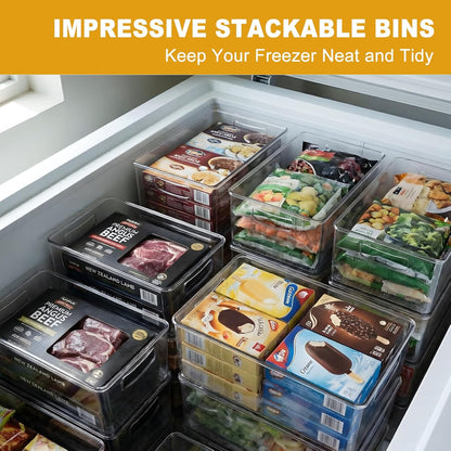Hudgan 8 Pack Pantry Organizer and Storage, 2 Extra Large Stackable Freezer Organizer Bin, 3 Large Clear Storage Bin and 3 Medium Plastic Container for Home Edit, Kitchen Cabinet, Bathroom Shelf
