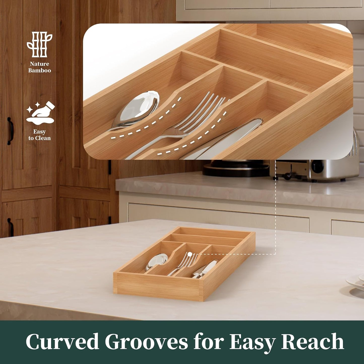Small Silverware Organizer, Bamboo Kitchen Drawer Organizer, Utensil Holder, Cutlery Tray & Spoon Flatware Storage with Grooved Drawer Dividers (6.7''W x 12''D)