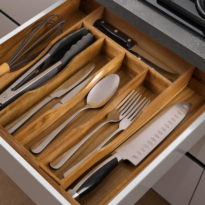 Expandable Bamboo Kitchen Drawer Organizer for Cutlery and Utensils, Adjustable Bamboo Wood Cutlery Tray in Drawer for Flatware and Silverware in Kitchen, (Natural)
