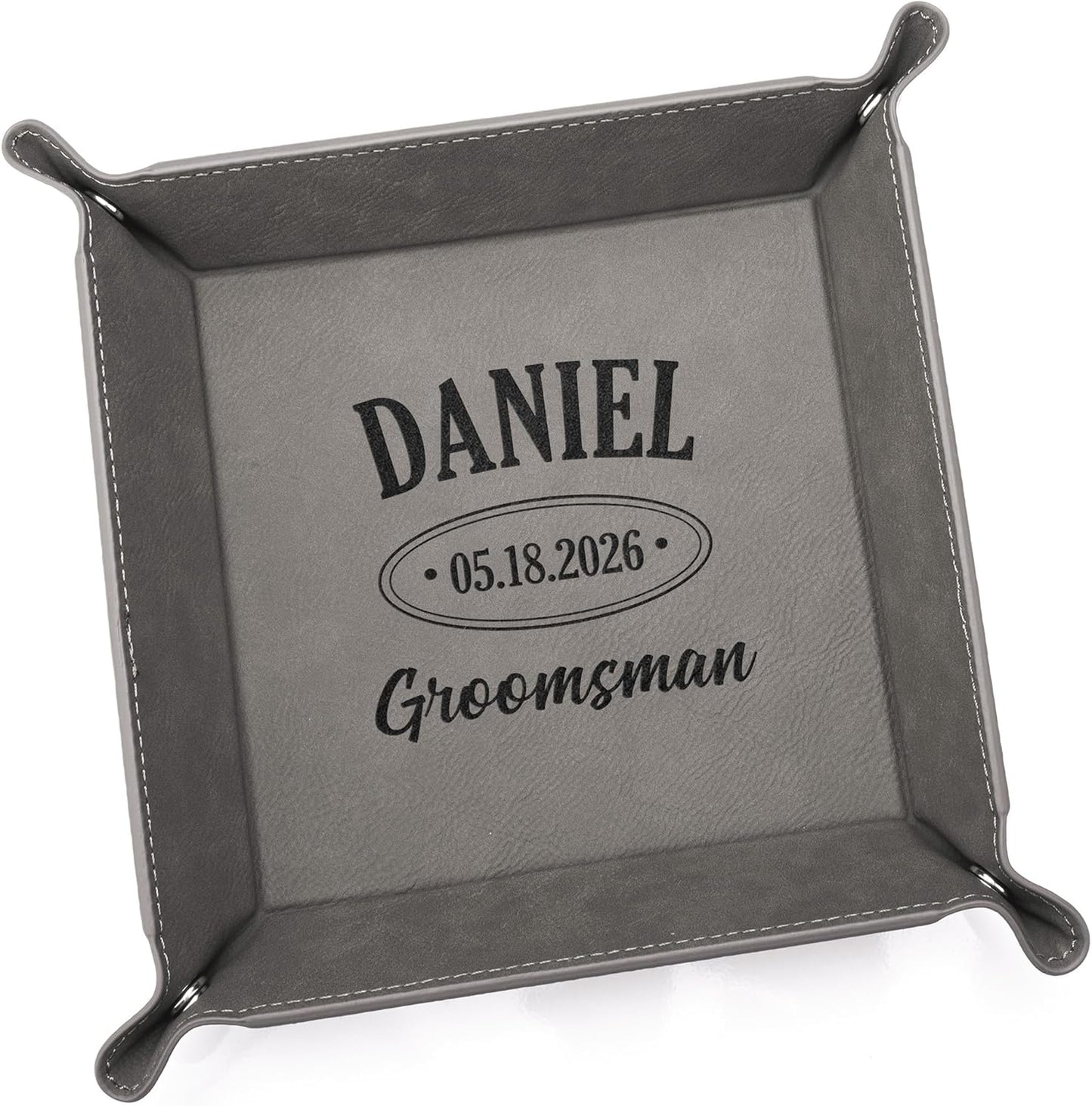 Lifetime Creations Monogrammed Valet Tray for Men (Brown) - Personalized Vegan Leather Catch All, Nightstand Desktop Desk Organizer for Coins, Keys, Watch
