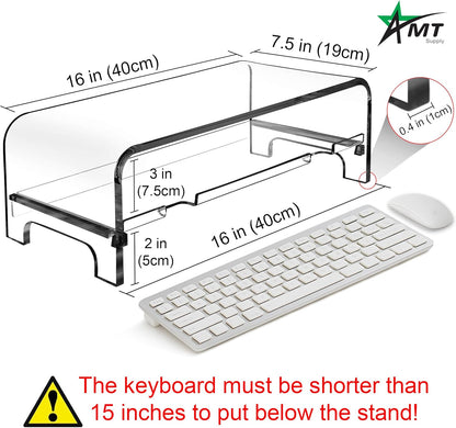 AMT Acrylic Laptop Monitor Stand & Computer Riser with Cat Keyboard Protector, Space-Saving Design, Extra Storage, Clear Shelf - Ideal for Monitors, Laptops, Printers, Desktop Decor