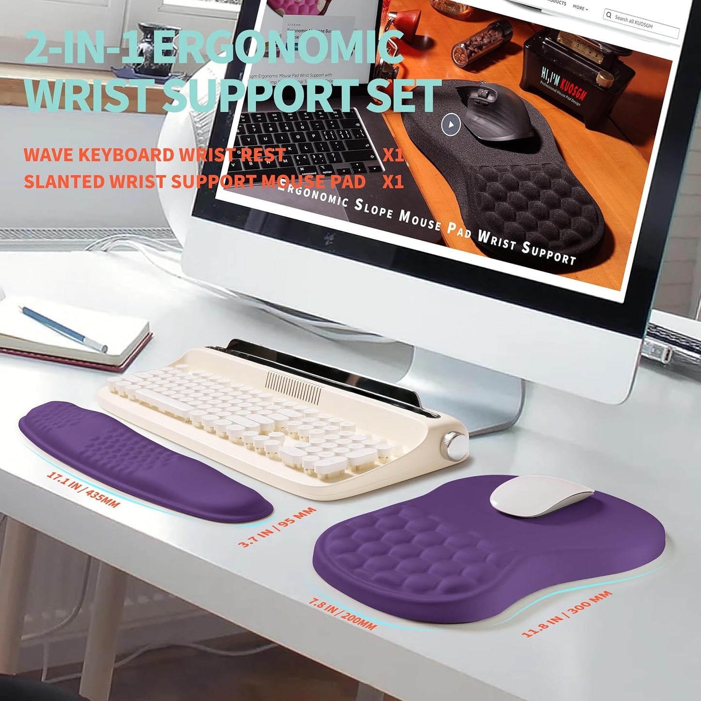 2-in-1 Ergonomic Set, Wave Rise Keyboard Wrist Rest and Massage Bulge Slope Mouse Pad Wrist Support, Cushion Memory Foam Integrated to Relieve Wrist Pain, Black