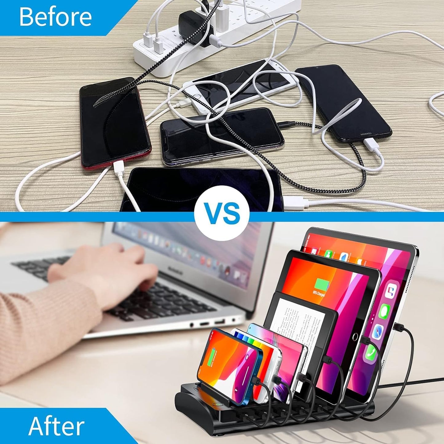 Charging Station for Multiple Devices, Bototek 60W 6 Ports Multi Charger Station for iPhone, iPad, Cell Phone, Tablets, and Other Electronics (6 Ports-Black)