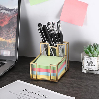 BTSKY Golden Glass 3x3 Inch Sticky Note Holder with Pen Slot, Elegant Post It Note Dispenser with Non-Slip Pads Clear Notepad Holder for Desk Organization Planning, Home Office Decor
