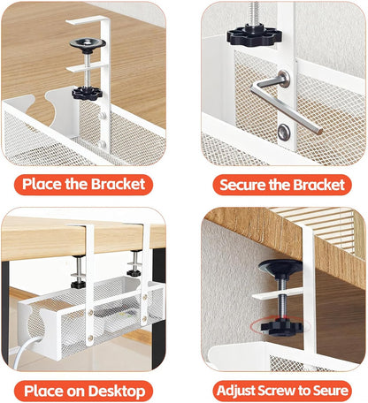 Under Desk Cable Management Tray – No Drill Metal Mesh Cord Organizer for Home Office & Standing, Adjustable Wire Organizer, Space-Saving Desk Tray (Black)