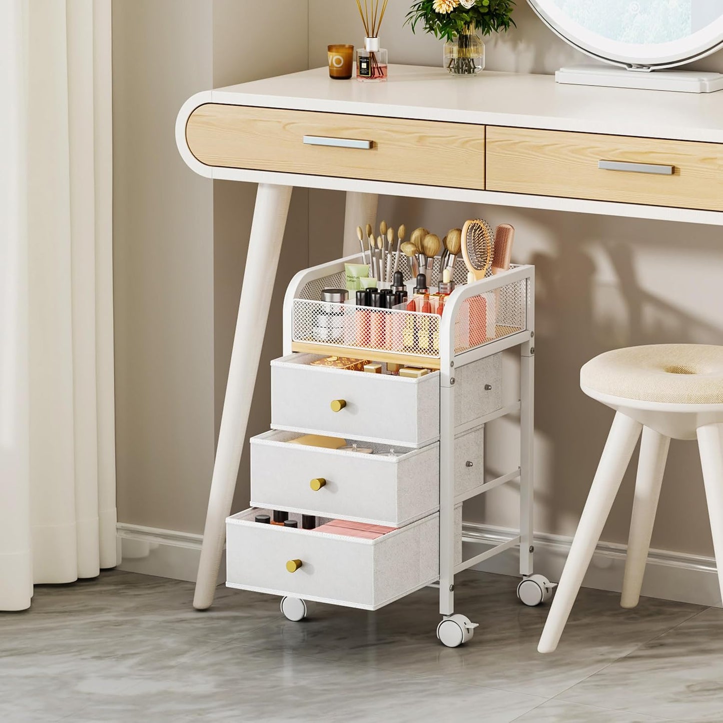 SWTYMIKI Rolling Makeup Organizer Cart - Under Desk Vanity Makeup Storage with 3 Non-woven Drawers, Nail Cart Organizer Cosmetic Display Cases Cabinet for Skin Care Perfume Nail Polish Brush Hair Tool