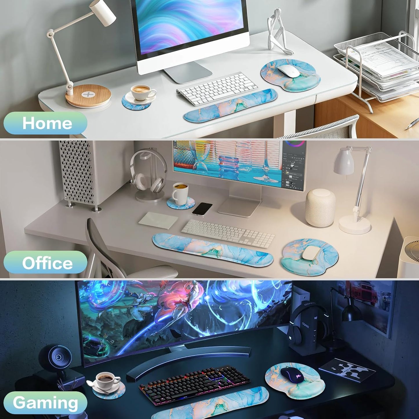 Mouse Pad with Wrist Rest Set, Qomolama 3-in-1 Wrist Support Mouse Pad Set, Floral Gaming Mousepad with Anti-Skid Base,Ergonomic Mouse Pad,Memory Foam Keyboard Gel Wrists Rest