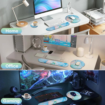 Mouse Pad with Wrist Rest Set, Qomolama 3-in-1 Wrist Support Mouse Pad Set, Floral Gaming Mousepad with Anti-Skid Base,Ergonomic Mouse Pad,Memory Foam Keyboard Gel Wrists Rest