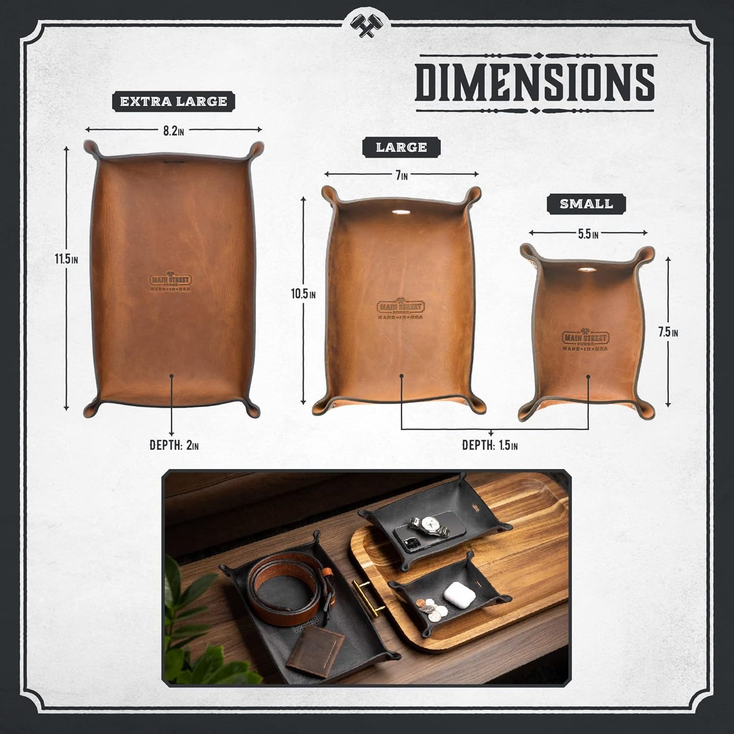 Main Street Forge Leather Valet Tray for Men – Rustic EDC Organizer for Keys, Phone & Wallet – Made in USA – Whiskey Barrel Brown