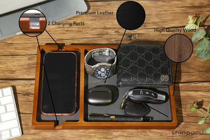 Shinpuru Wooden Valet Tray for Men, Nightstand Organizer with Leather Inlay, EDC Essentials Catchall Tray for Keys, Phone, Wallet, Watch, Earbuds - Bedside Desk Entryway Tray (Wood)
