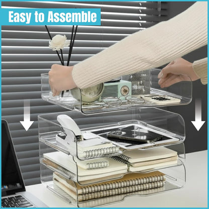 Acrylic File Organizer with 1 Ring Binder, 2 Clear Files & 1 Diary – 4 Tier Stackable Paper Letter Tray Desk Organizer, Clear Document Holder for Letter/A4, Office Files, Notes & Home Office Storage