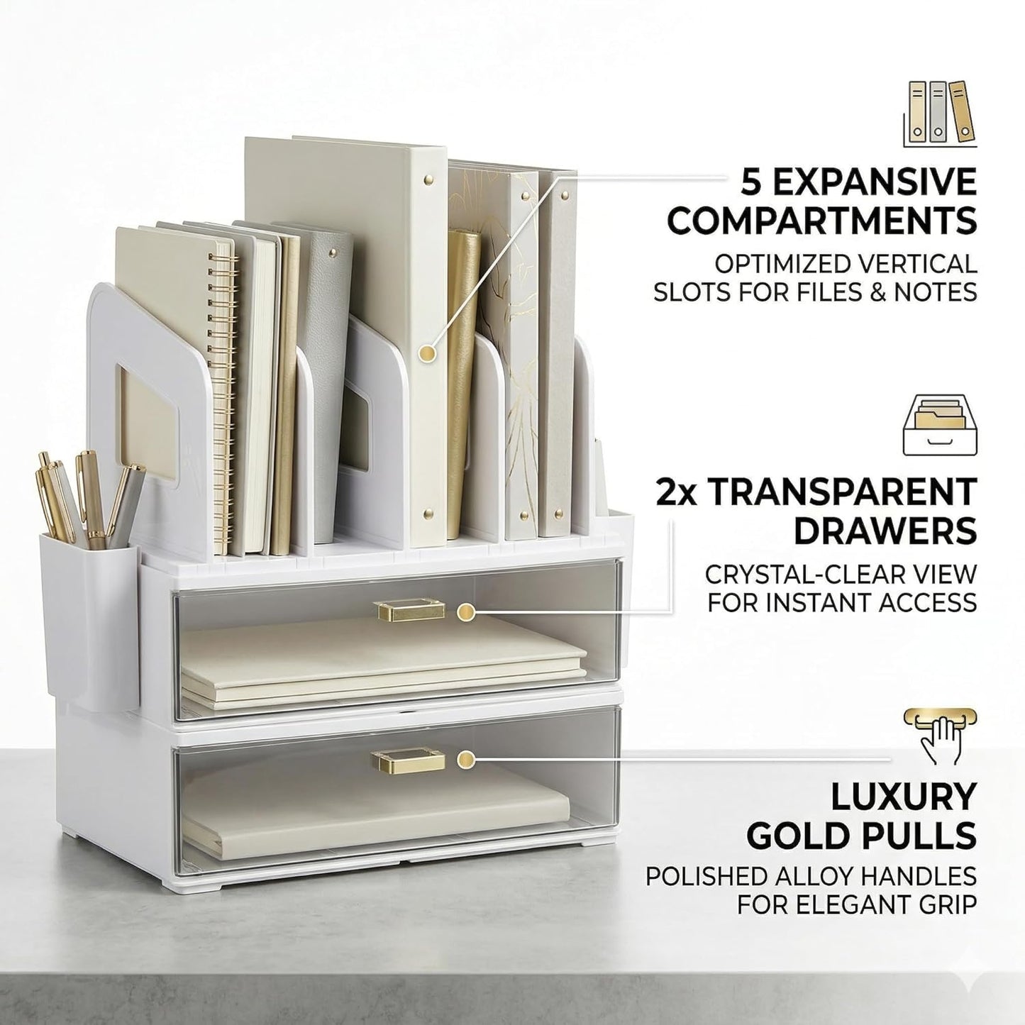 CiWiVOKi Desk Organizer with 2 Vertical File Holder, 4 Tier Stackable Paper Letter Tray File Organizer with 5-Compartments Pen Holder, Clear Desktop Organizer Office Organization and Storage