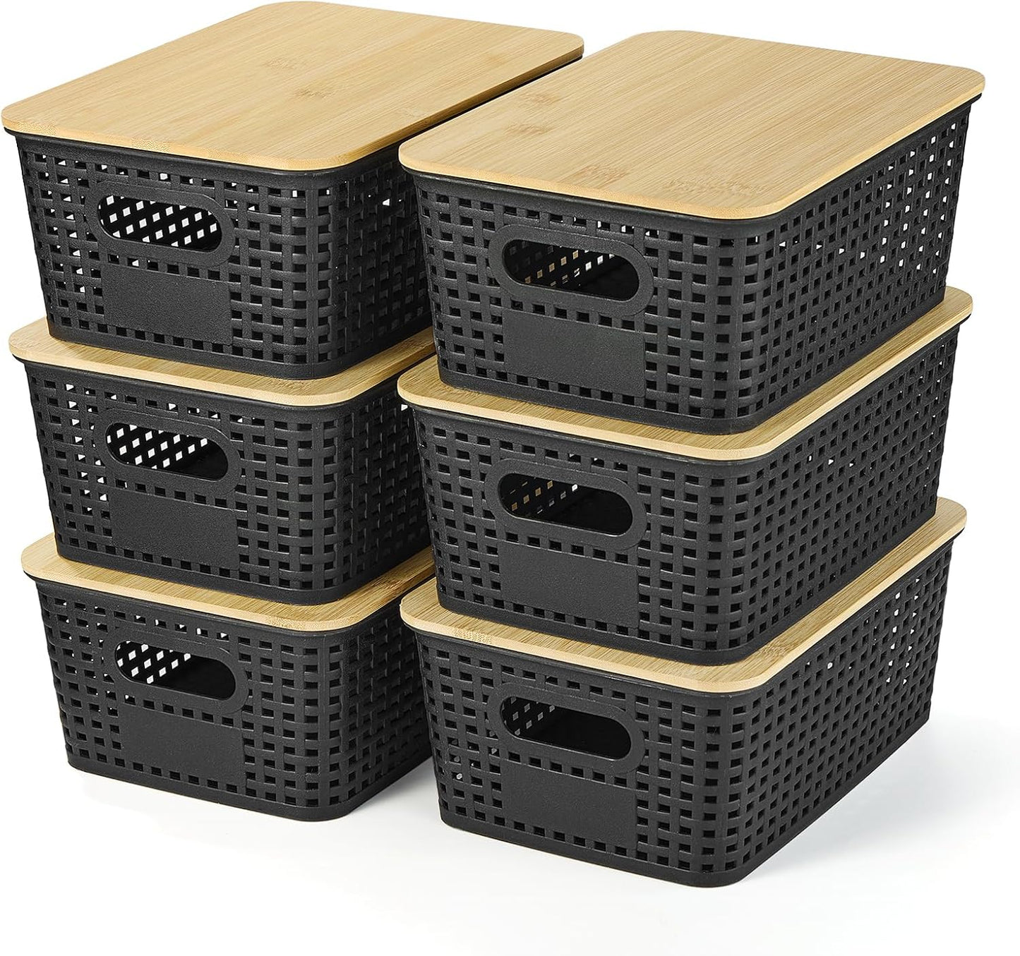 Ohmlove Plastic Storage Baskets With Bamboo Lid - Plastic Storage Containers Stackable Storage bins: Storage Baskets for Organizing Shelves Drawers Desktop Closet Playroom Classroom Office, 6 Pack