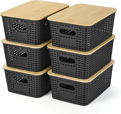 Ohmlove Plastic Storage Baskets With Bamboo Lid - Plastic Storage Containers Stackable Storage bins: Storage Baskets for Organizing Shelves Drawers Desktop Closet Playroom Classroom Office, 6 Pack