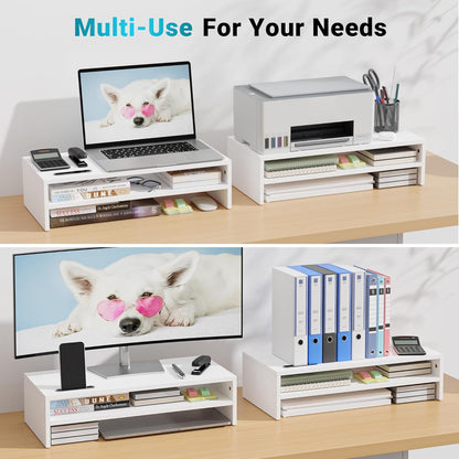 BONTEC Wooden Monitor Stand Riser, 2-Tier Desk Shelf with Storage Organizer, Ergonomic Computer Stand with Cable Management, Cellphone Holder, White, 16.5 Inch