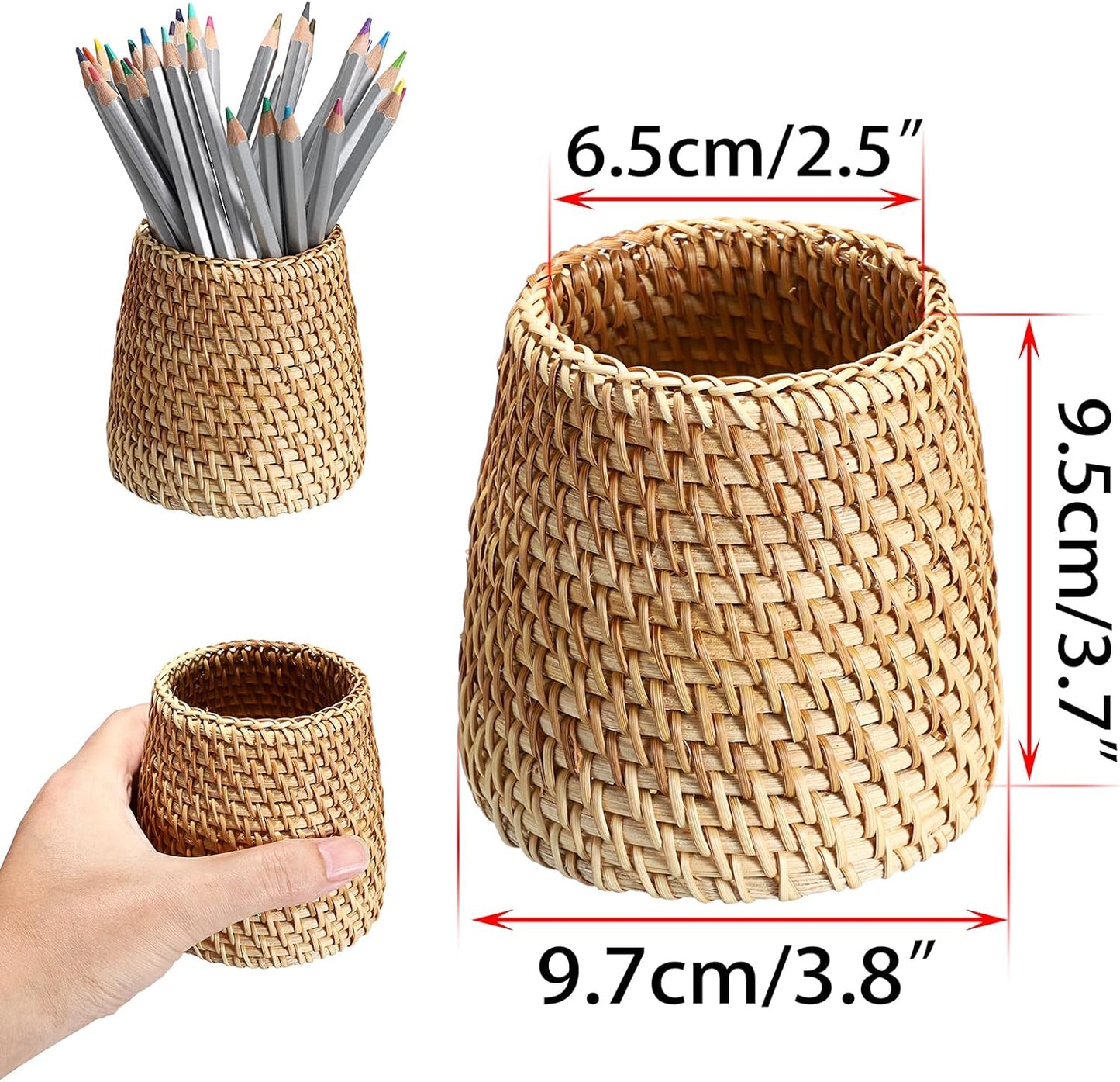 BTSKY Rattan Pen Cup, Handmade Desk Pencil Holders Makeup Brush Holder Multi-Functional Woven Basket Office&Home Desktop Organizer(Cone)
