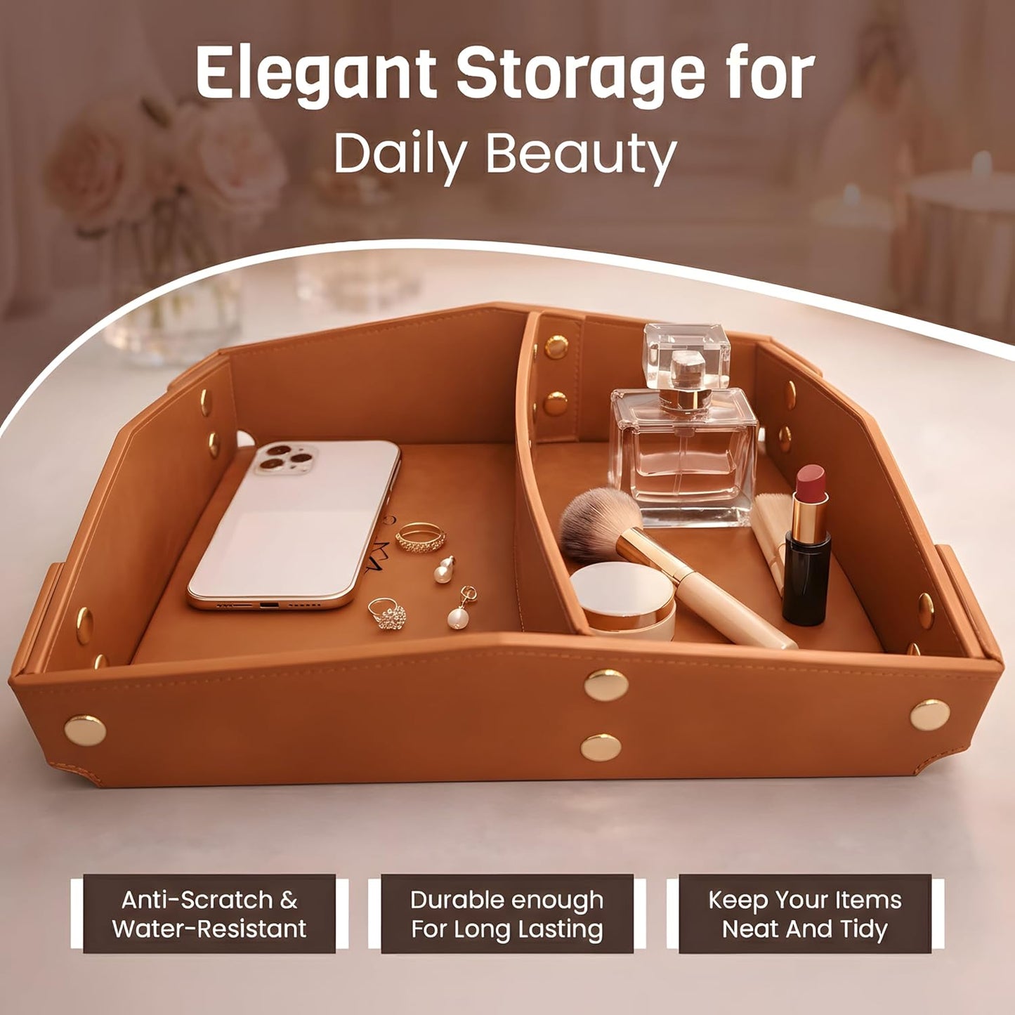 Valet Tray Organizer for Men & Women - PU Leather Catch All Tray with Removable Divider - EDC Storage for Keys, Watch, Phone - Nightstand, Dresser & Desk Organizer - Pacific Navy