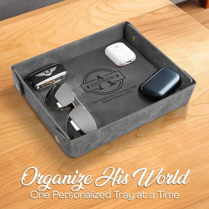 Engraved Leather Valet Tray for Men – Personalized Catchall with Custom Name for Desk, Dresser, Nightstand – Men's Organizer Tray for Keys, Wallet, Jewelry, Personalized Gift for Home, Office - Coffee