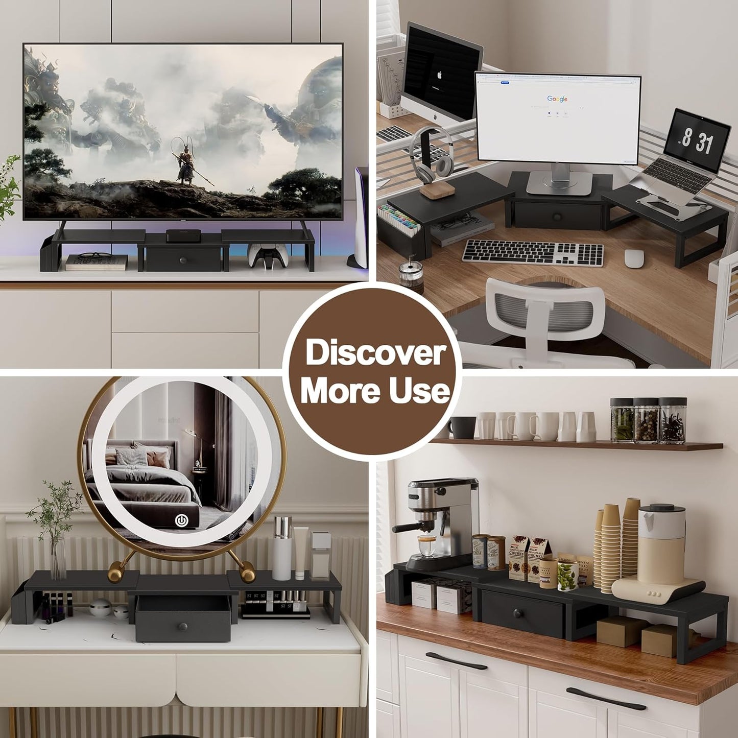 LAND·VOI Heavy Duty Dual Monitor Stand, Holds 2 Screens Up to 27 Inches, Adjustable Length and Angle Monitor Riser, Desk Organizer with Side Pockets and Drawers, Home Office Desk Storage, Rustic Brown
