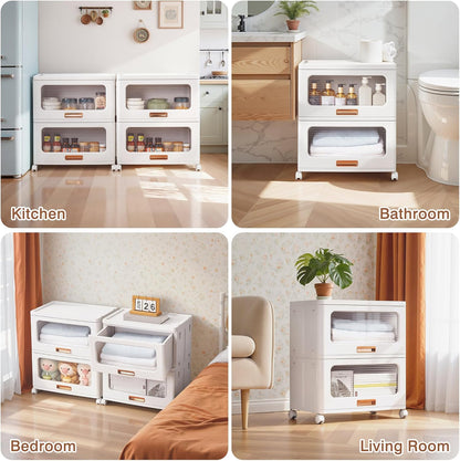 VECELO Plastic Storage Cabinet with Drawers, Stackable Storage Bins with Wheels, Waterproof Bathroom Storage Organizer, Multi-Tier Closet Storage for Bedroom, Living Room, Kitchen, Large 2-Tier