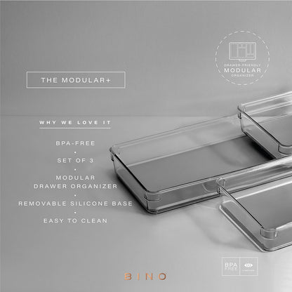 BINO | 4-Piece Drawer Organizer Bin Set - Grey, Small | THE MODULAR+ | Multi-Purpose Storage | Soft-Grip Lining and Non-Slip Rubber Feet | Durable | BPA-Free | Desk Drawer Organizer | Vanity