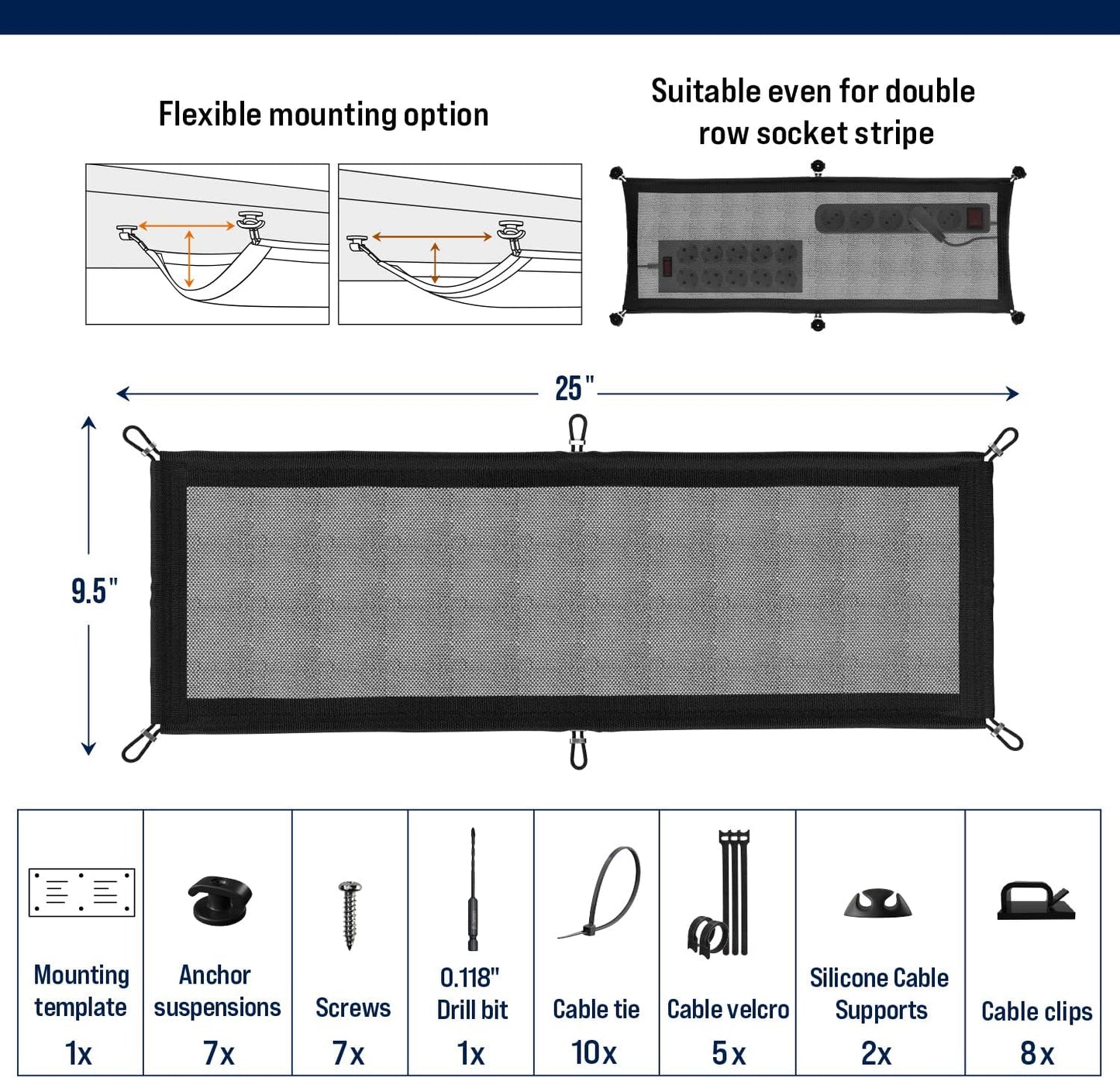 Cable Management net - Under Desk Wire Management - Flexible Under Desk Cable Management Tray White