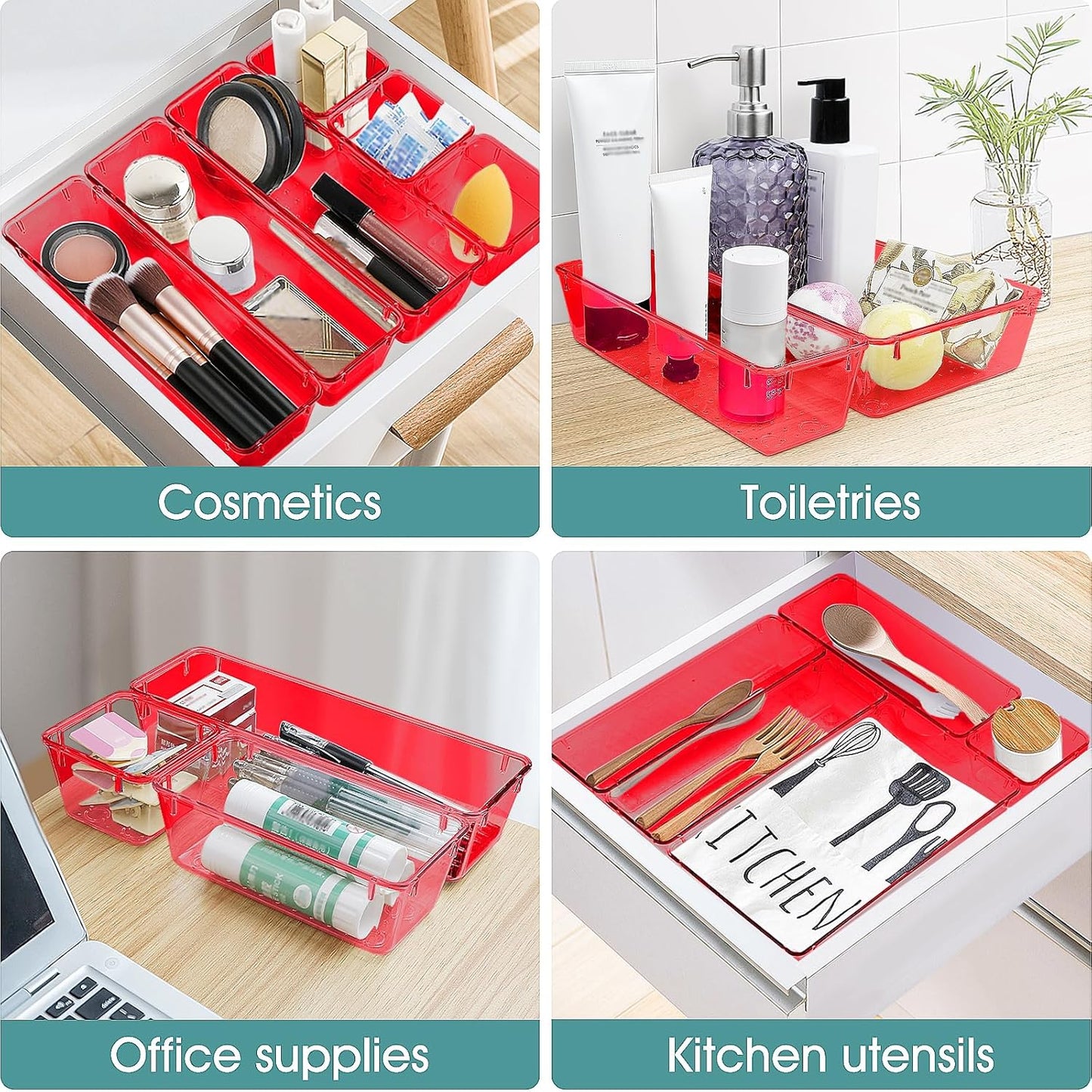 WOWBOX 25 PCS Clear Plastic Drawer Organizer Set, 4 Sizes Desk Drawer Divider Organizers and Storage Bins for Makeup, Jewelry, Gadgets for Kitchen, Bedroom, Bathroom, Office