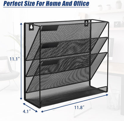 EASEPRES Desk File Organizer Mesh 6-Tier, Hanging Wall Mount Document Organization Stand, Desktop Vertical Mail Paper Folder Holder Rack with Bottom Tray for Office Home Cubicle Countertop, Black