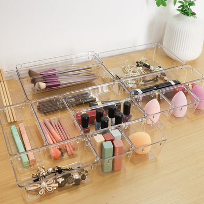 Drawer Organizer with Non-Slip Silicone Pads Set of 15,Clear Plastic Vanity Organizer Storage Bins Containers,4 Size Desk Organizer Tray